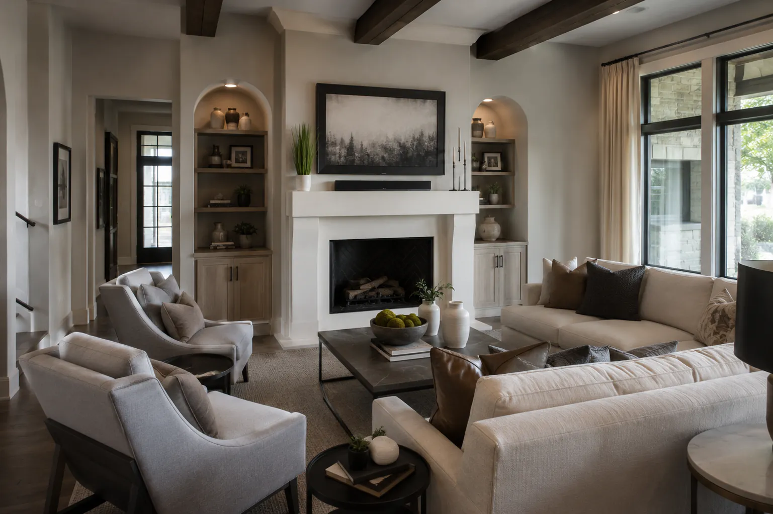 Living room with an unlit, empty fireplace