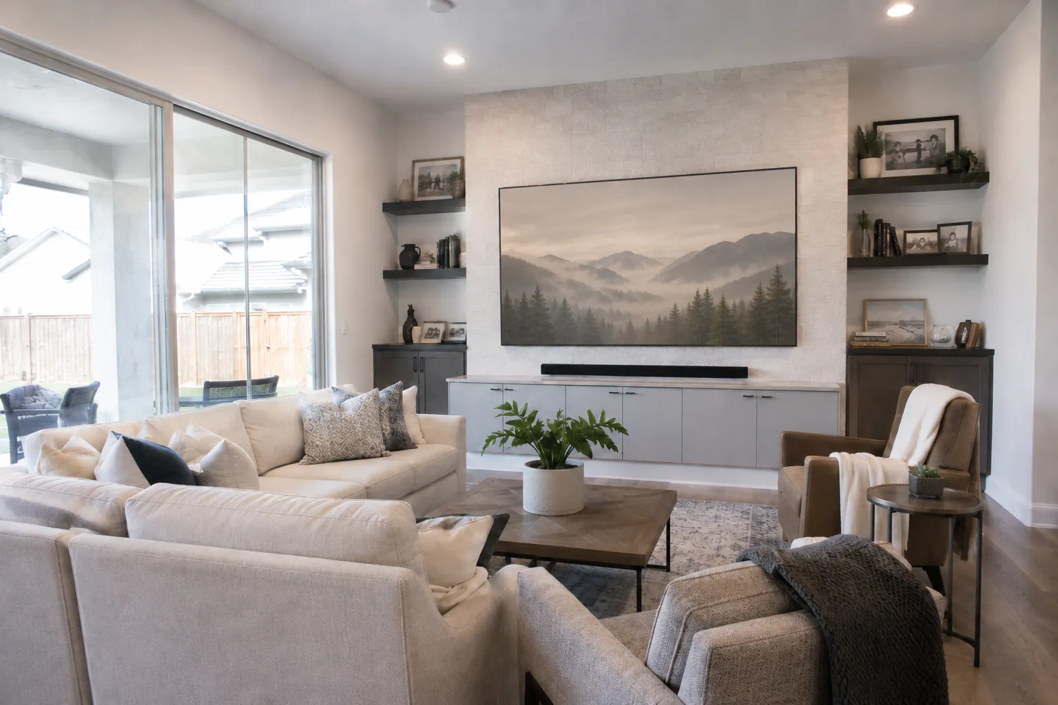 Same living room with the TV showing a soft-focus nature scene